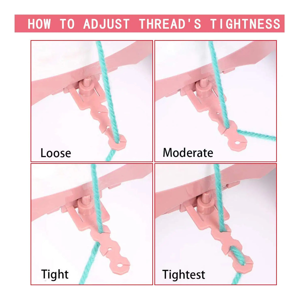 Diagram showing how to adjust thread tightness on a manual knitting machine for hats and scarves, labeled loose, moderate, ti