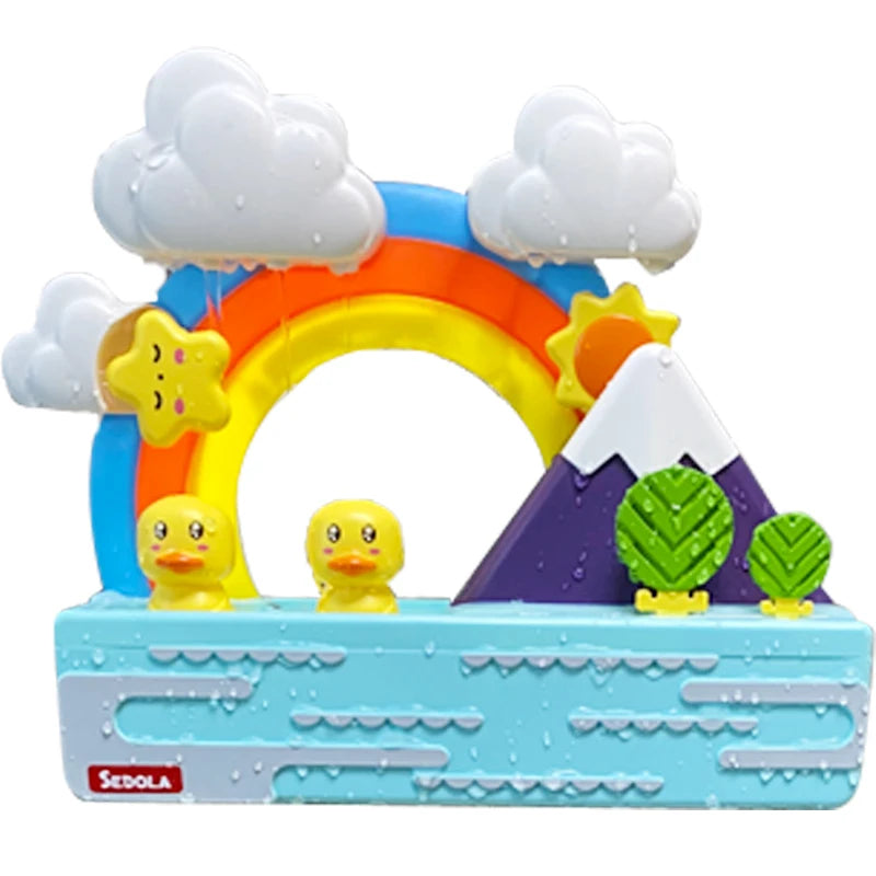 A colorful bath toy set featuring a rainbow arch, clouds, and sliding duck tracks on a blue base.