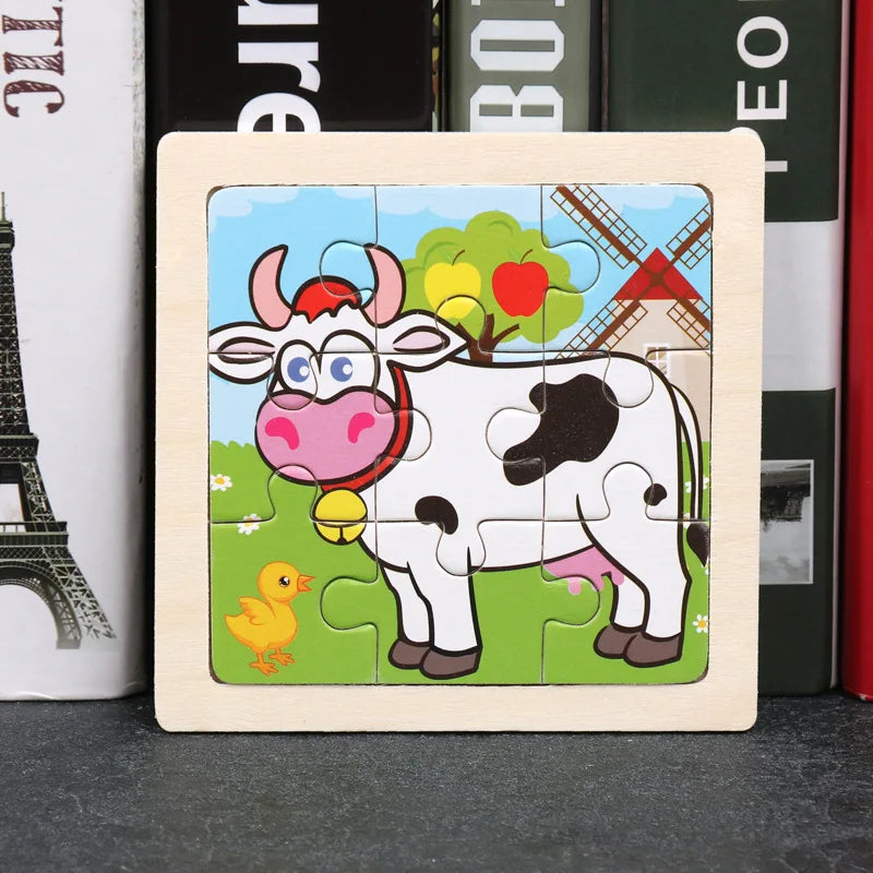 A wooden puzzle featuring a white cow, a yellow chick, and trees set against a green background.
