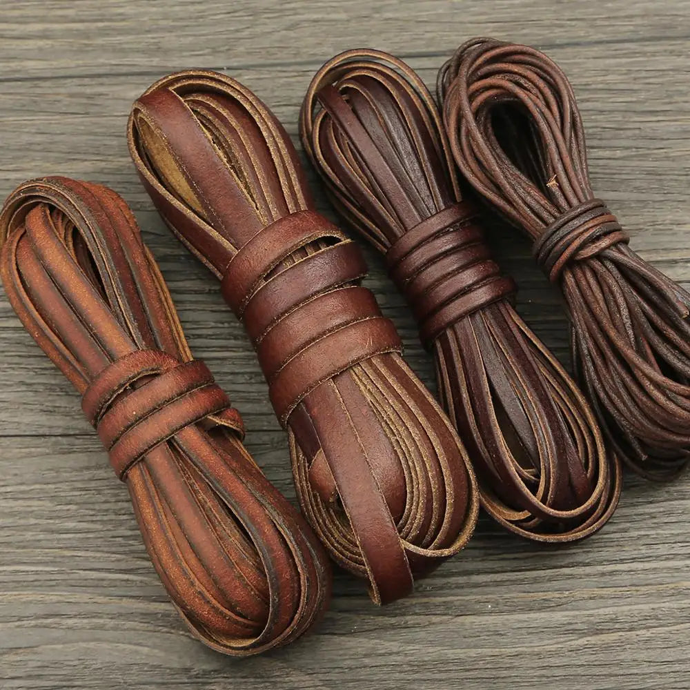Several bundles of brown vintage faux leather cords used for DIY jewelry making
