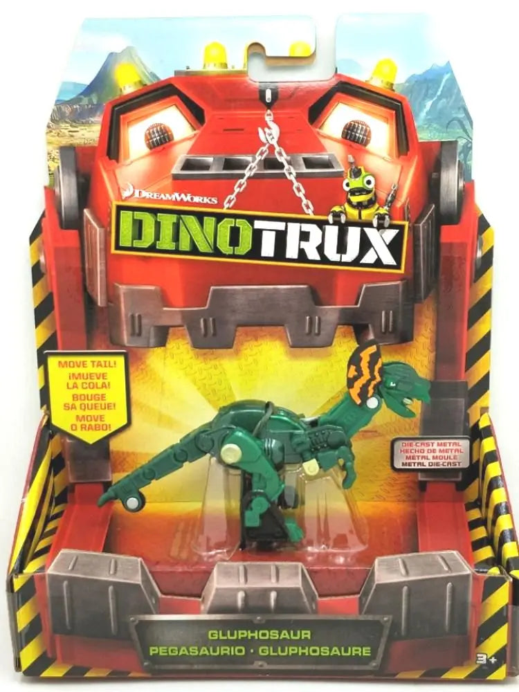 A DinoTrux dinosaur truck toy car with a removable dinosaur figure in an orange and red packaging box.