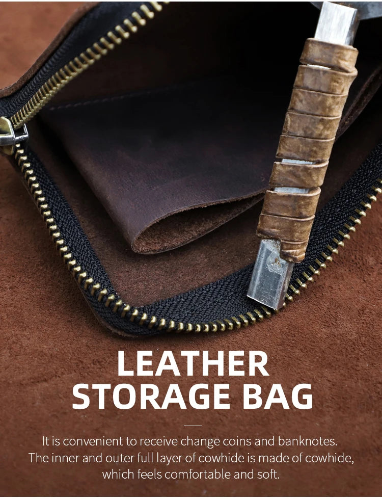 A close-up view of a brown leather storage bag with a zipper, showing the interior lining and a coin inside.
