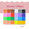 A plastic container filled with 24 colors of beads, totaling 13000 pieces for crafting and puzzles.