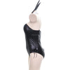 Black faux leather bunny girl cosplay costume set displayed on a mannequin.