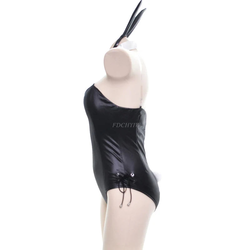Black faux leather bunny girl cosplay costume set displayed on a mannequin.