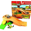 An orange Dinotrux dinosaur truck toy car with a removable dinosaur figure is shown next to its packaging.
