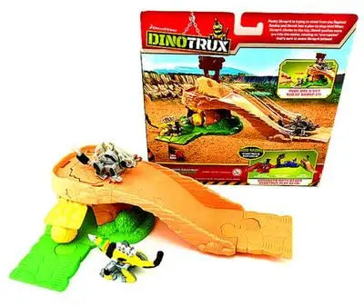 An orange Dinotrux dinosaur truck toy car with a removable dinosaur figure is shown next to its packaging.