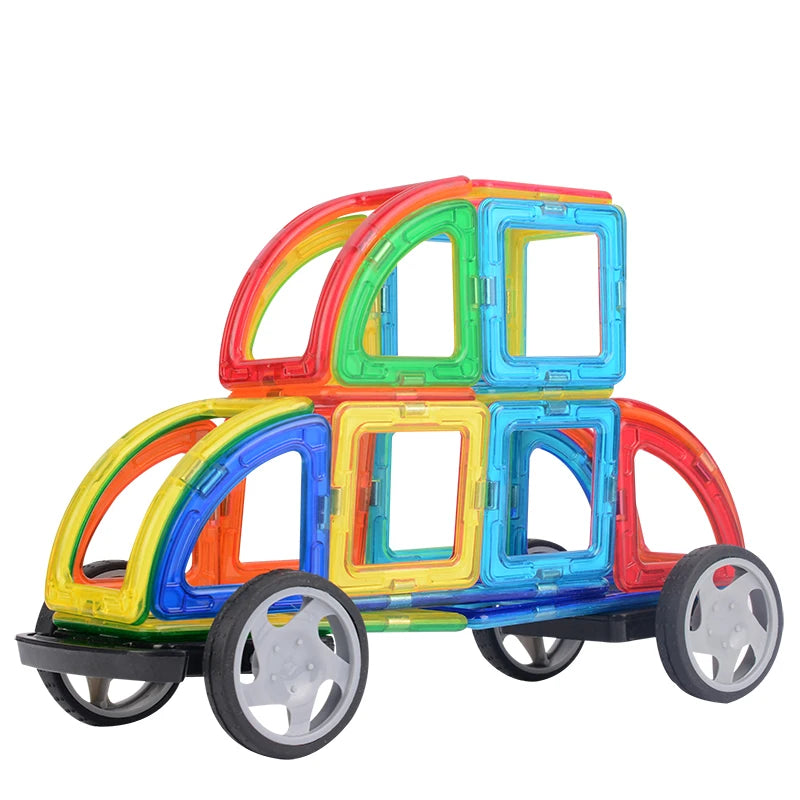 A colorful magnetic building tiles set shaped like a vehicle, featuring red, orange, green, and blue tiles.