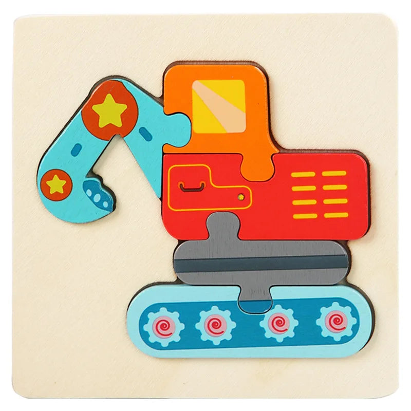 A colorful wooden puzzle shaped like a cartoon animal, featuring orange, red, and blue pieces.