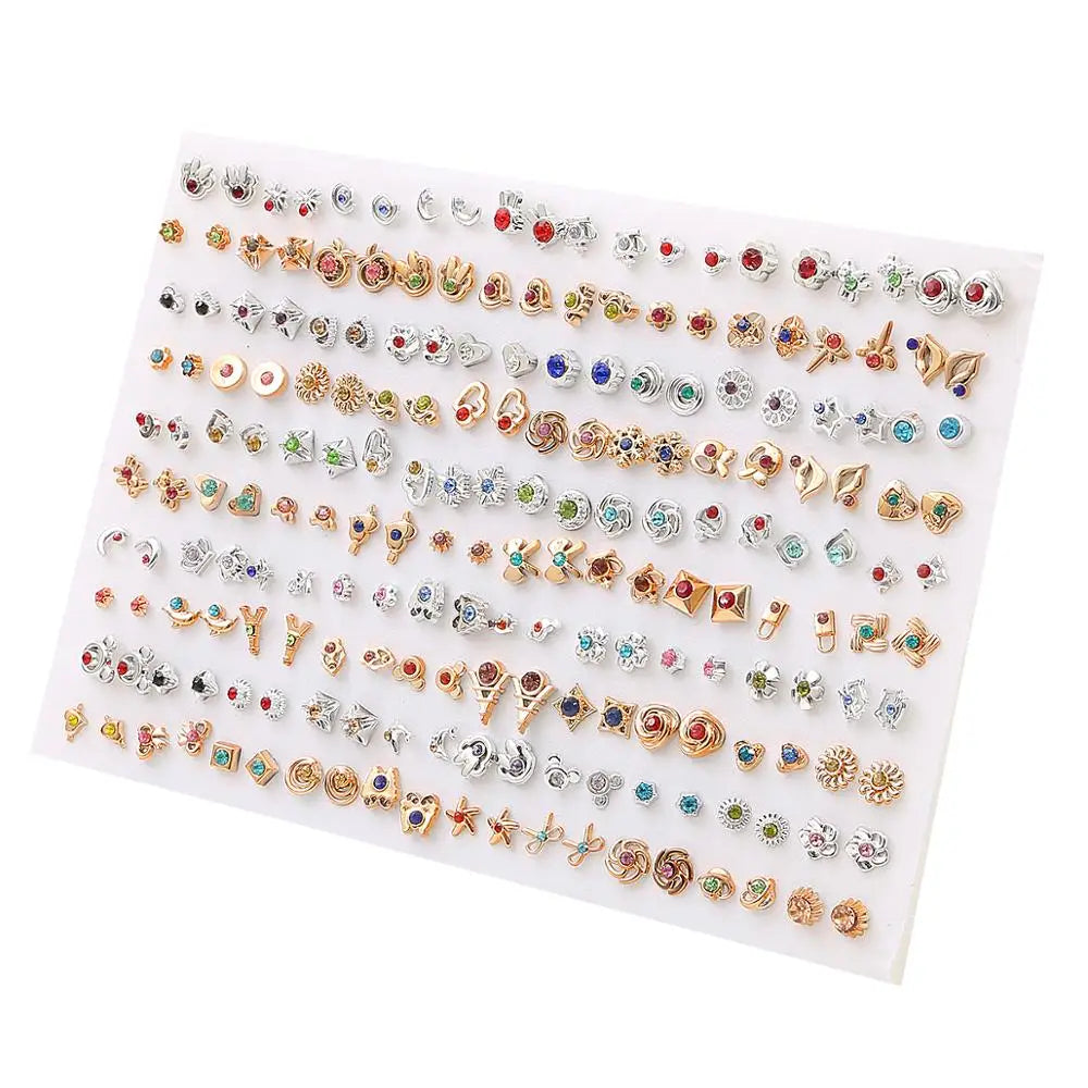 A display of 100 pairs of assorted acrylic stud earrings including hearts, stars, and moons.