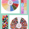 A circular display of 12 colors of glass seed beads arranged in a wheel, alongside a long strip of mixed colored beads.