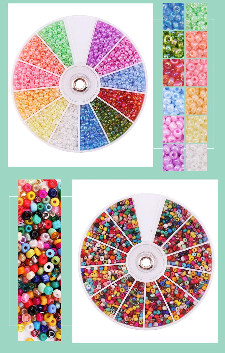 A circular display of 12 colors of glass seed beads arranged in a wheel, alongside a long strip of mixed colored beads.