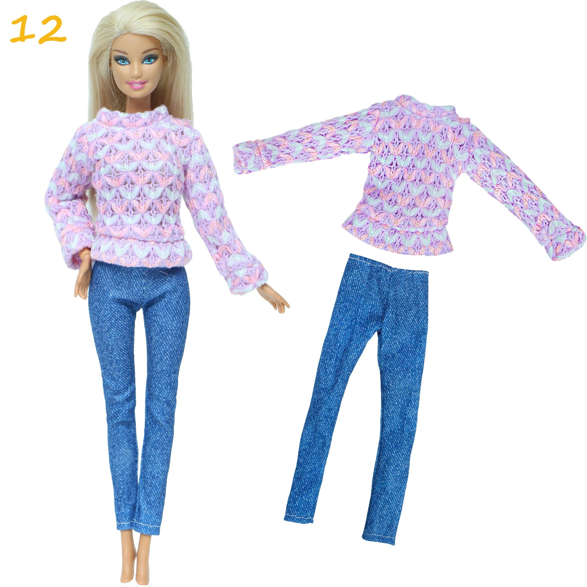 Fashion Doll Outfit Set – Wave Point Dress & Denim Grid Skirt for 11.5–12 Inch Dolls