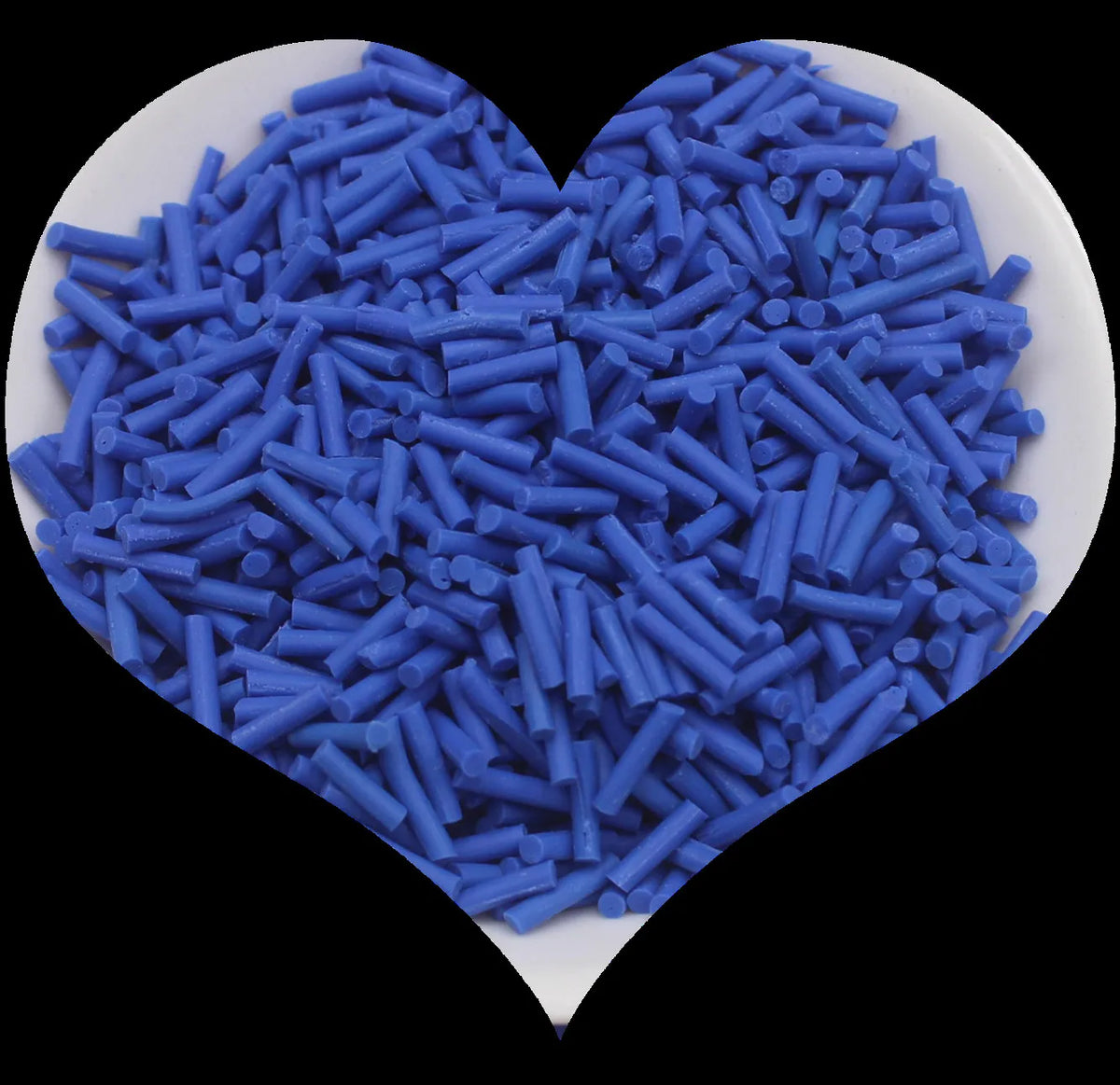 A heart-shaped mound of blue soft polymer clay candy sprinkles for cake decorating