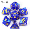 A set of blue marble effect polyhedral dice including a dodecahedron, tetrahedron, and cube.