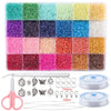 A variety of colorful glass seed beads in 24 shades are displayed in a grid, along with pliers and storage containers for jew