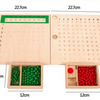A wooden Montessori math learning set featuring numbered boards and spindle boxes containing geometric shapes.