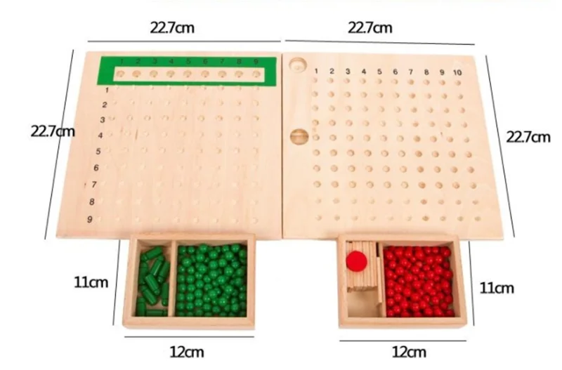 A wooden Montessori math learning set featuring numbered boards and spindle boxes containing geometric shapes.