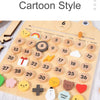 A wooden daily calendar for kids featuring numbered days, weather icons, and a June calendar layout.