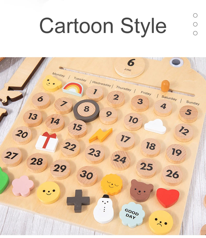 A wooden daily calendar for kids featuring numbered days, weather icons, and a June calendar layout.