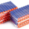 A stack of soft foam dart refills in blue and orange, packaged for toy blasters.