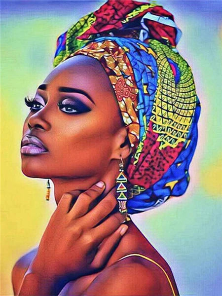 A close-up portrait of an African woman wearing a colorful headwrap, looking to the side.