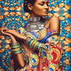 A portrait of an African woman with intricate facial markings and traditional jewelry, rendered in vibrant colors.
