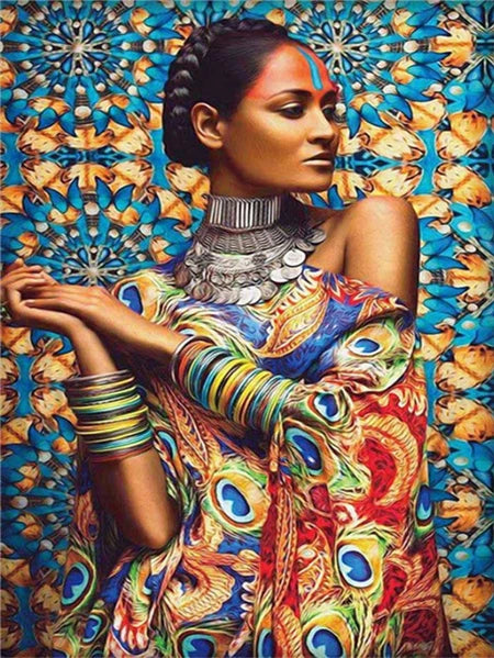 A portrait of an African woman with intricate facial markings and traditional jewelry, rendered in vibrant colors.