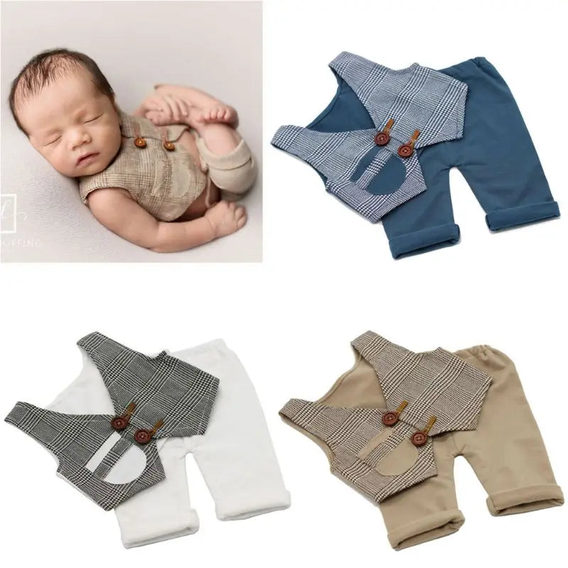 A set of newborn photography outfits featuring plaid vests and matching bottoms in various neutral tones.