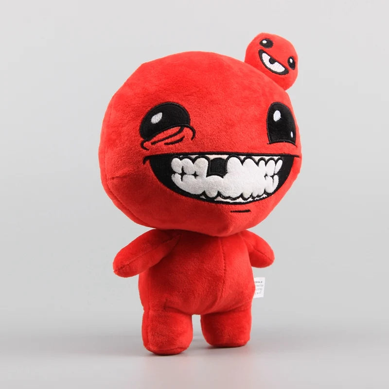 A red collectible plush toy shaped like a monster with large teeth and expressive eyes.