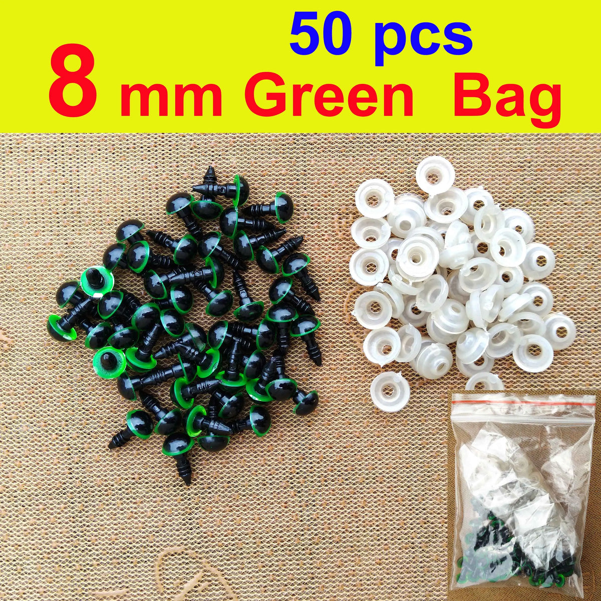 50 pieces of 8 mm green bags and white plastic safety eyes for crafting