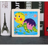 A wooden tangram puzzle featuring colorful animal and traffic designs displayed in front of a stack of books.