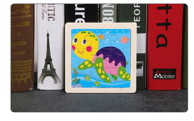 A wooden tangram puzzle featuring colorful animal and traffic designs displayed in front of a stack of books.