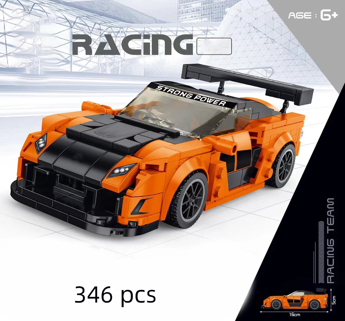 An orange and black racing car building block set with a raised hood, shown in a studio setting.