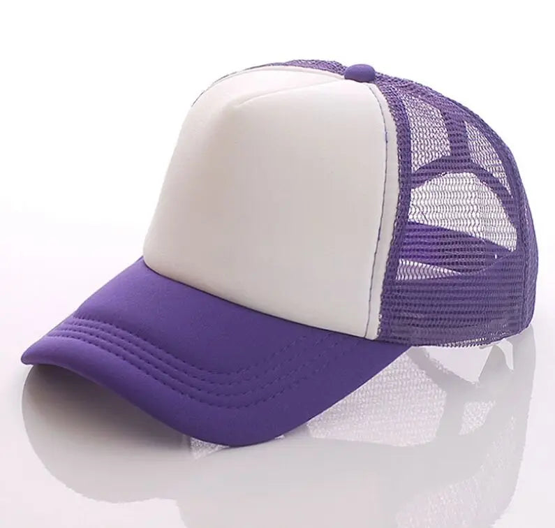A purple and white trucker hat with a mesh back and a curved brim is shown on a reflective surface.