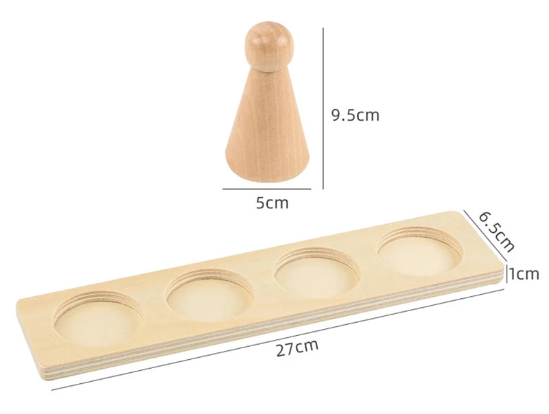 A wooden Montessori math learning set featuring a spindle box and geometric shapes, including a wooden spindle and a rectangu