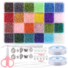 A grid of 24 colors of glass seed beads in various shades and sizes, along with a pair of pliers and a roll of beads.