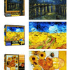 A collection of jigsaw puzzles featuring Van Gogh's Starry Night, including a landscape and a close-up of sunflowers.