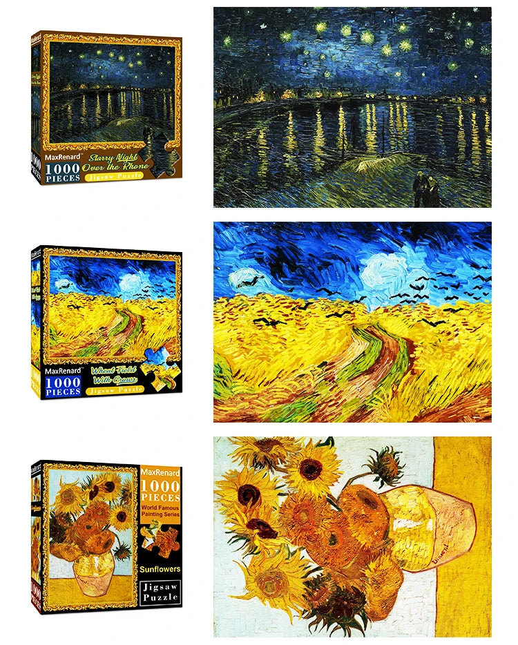 A collection of jigsaw puzzles featuring Van Gogh's Starry Night, including a landscape and a close-up of sunflowers.
