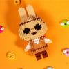 A light brown building block figure of a rabbit made from wooden blocks against an orange background.