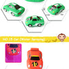 Two car-shaped bath toys, one green with the number 55 and one orange with the number 15, designed for water spraying.