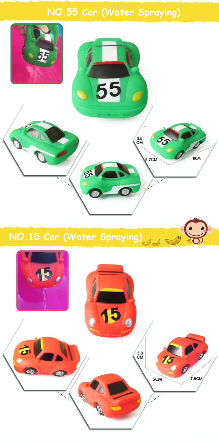 Two car-shaped bath toys, one green with the number 55 and one orange with the number 15, designed for water spraying.