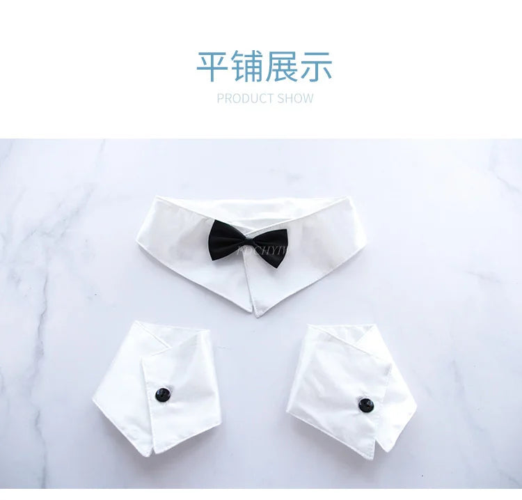 A display of a white shirt and bow tie for a cosplay costume set.