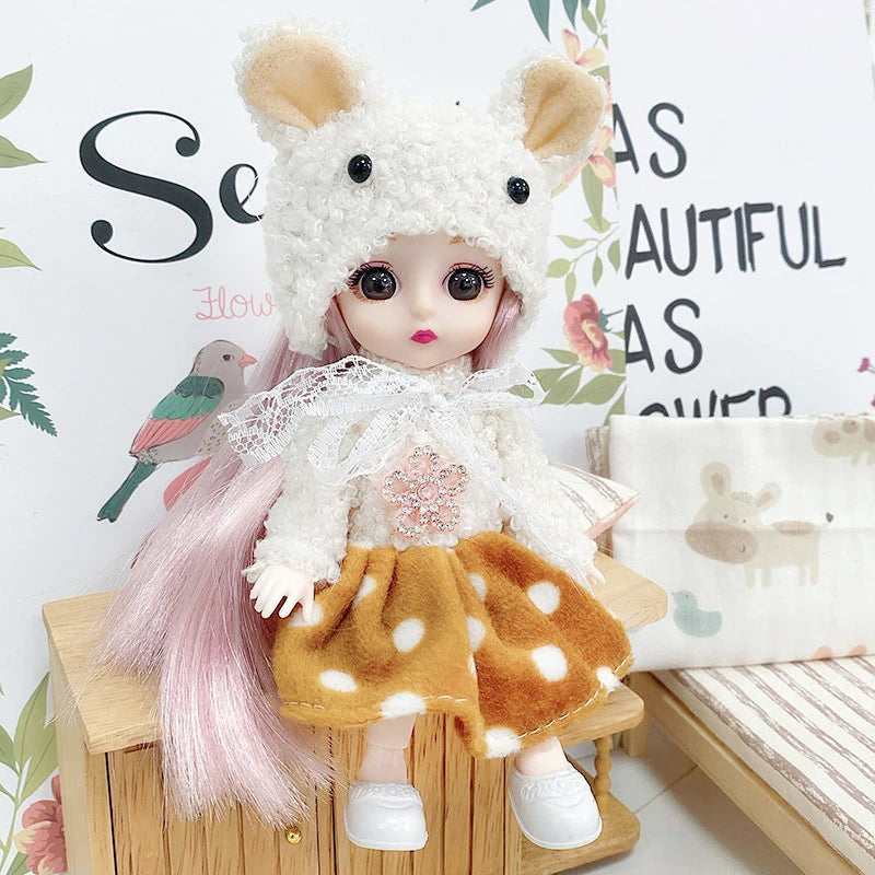 16cm Articulated Fashion Doll with Big Eyes and Dress-Up Outfit
