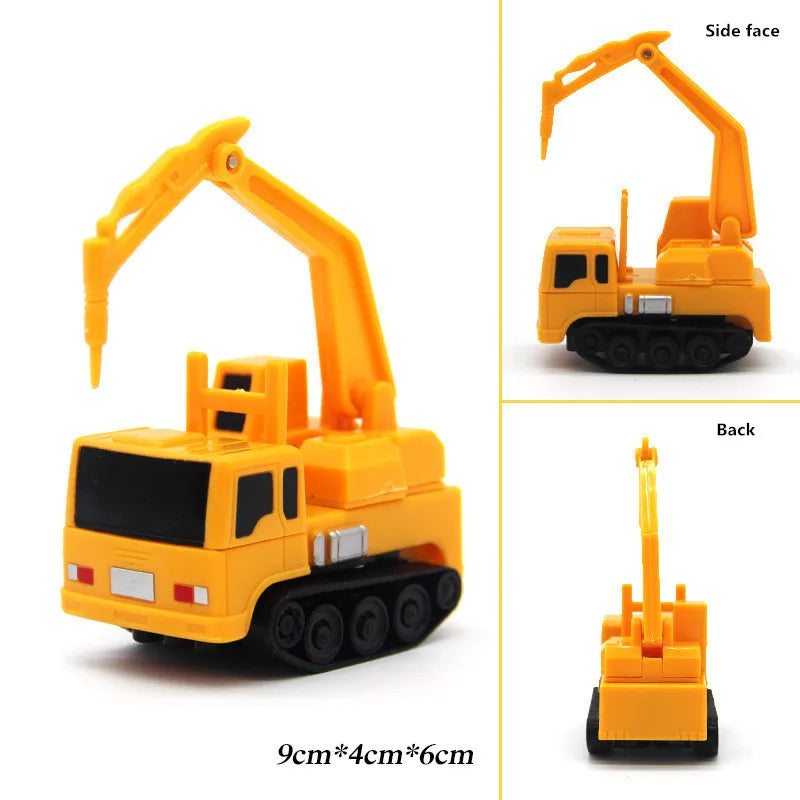 Yellow line-following robot car toy with a pen, shown from the side and back views.