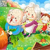 A colorful jigsaw puzzle featuring an elderly woman and a young girl in a garden setting.