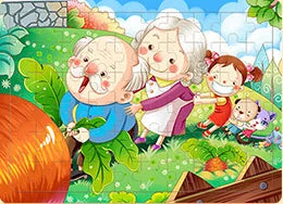 A colorful jigsaw puzzle featuring an elderly woman and a young girl in a garden setting.