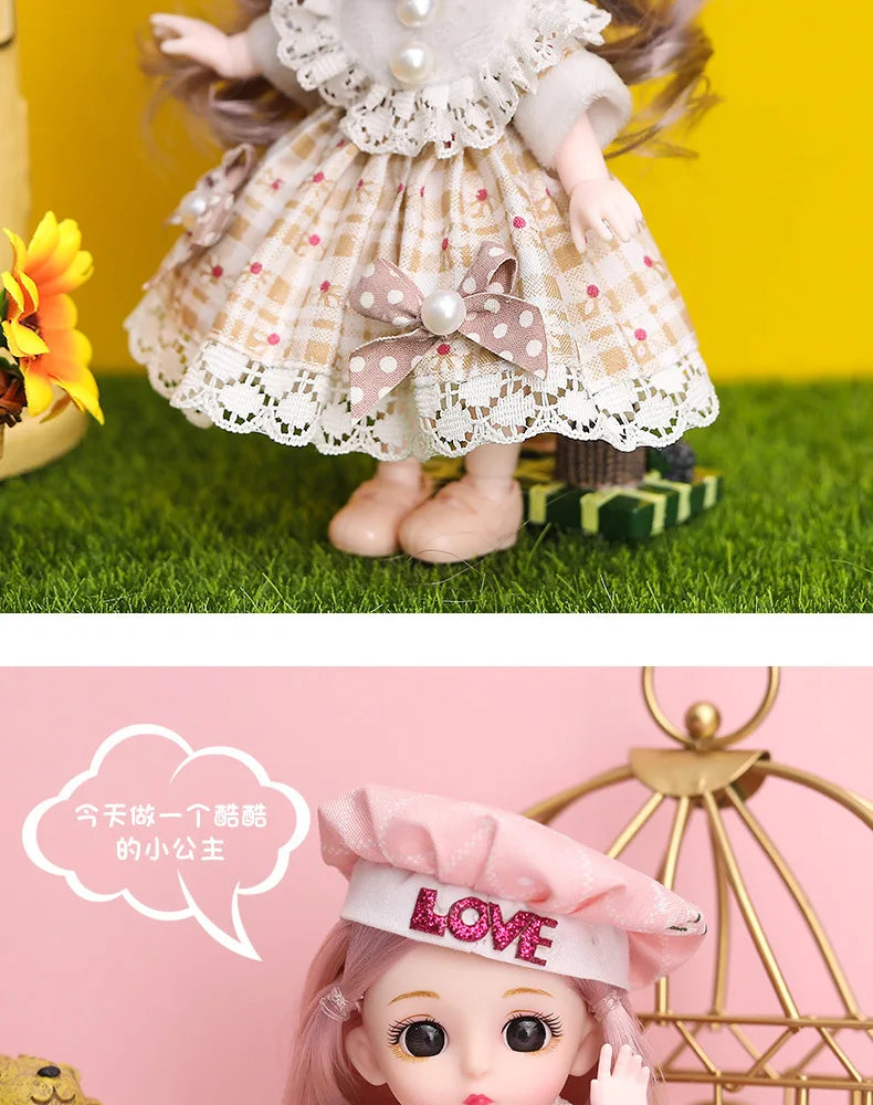 16cm Articulated Fashion Doll with Big Eyes and Dress-Up Outfit