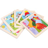 A set of wooden tangram puzzles featuring animal and traffic designs for kids.