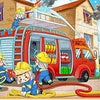 A red van is shown with several children playing and interacting with a yellow rope on the ground.